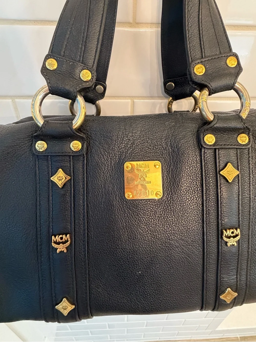 MCM Black Leather Satchel with Gold Plaque and Hardware - Picture 2 of 7